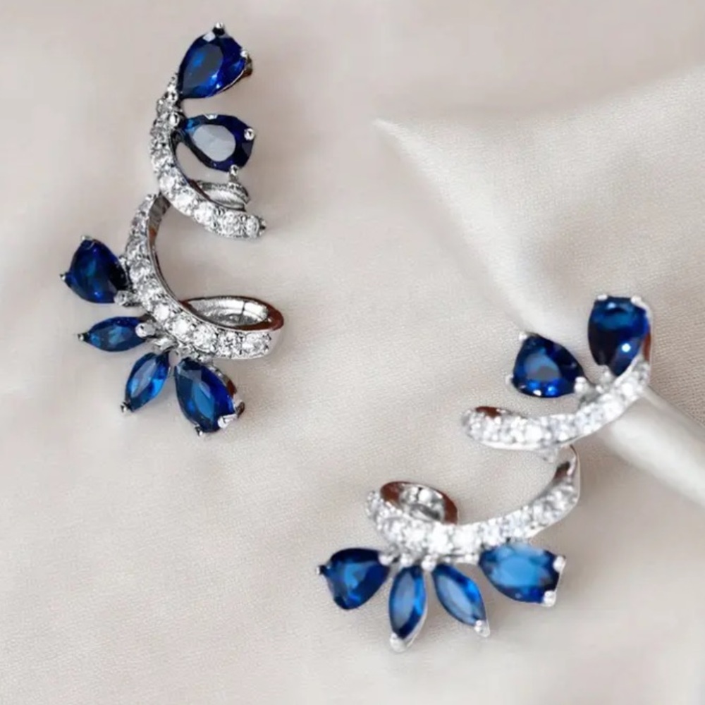 Sapphire & Diamond Silver Stud Earrings - Picture 5 of 8